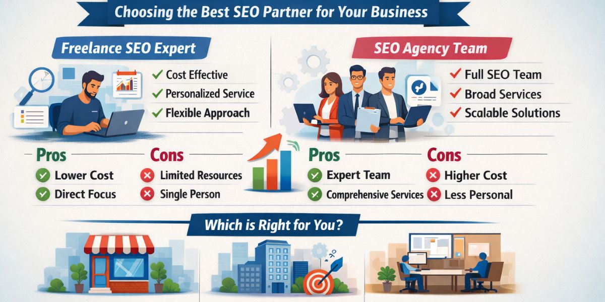 Comparison of SEO expert vs SEO agency showing differences in cost, scalability, services, and suitability for small businesses, startups, and large companies
